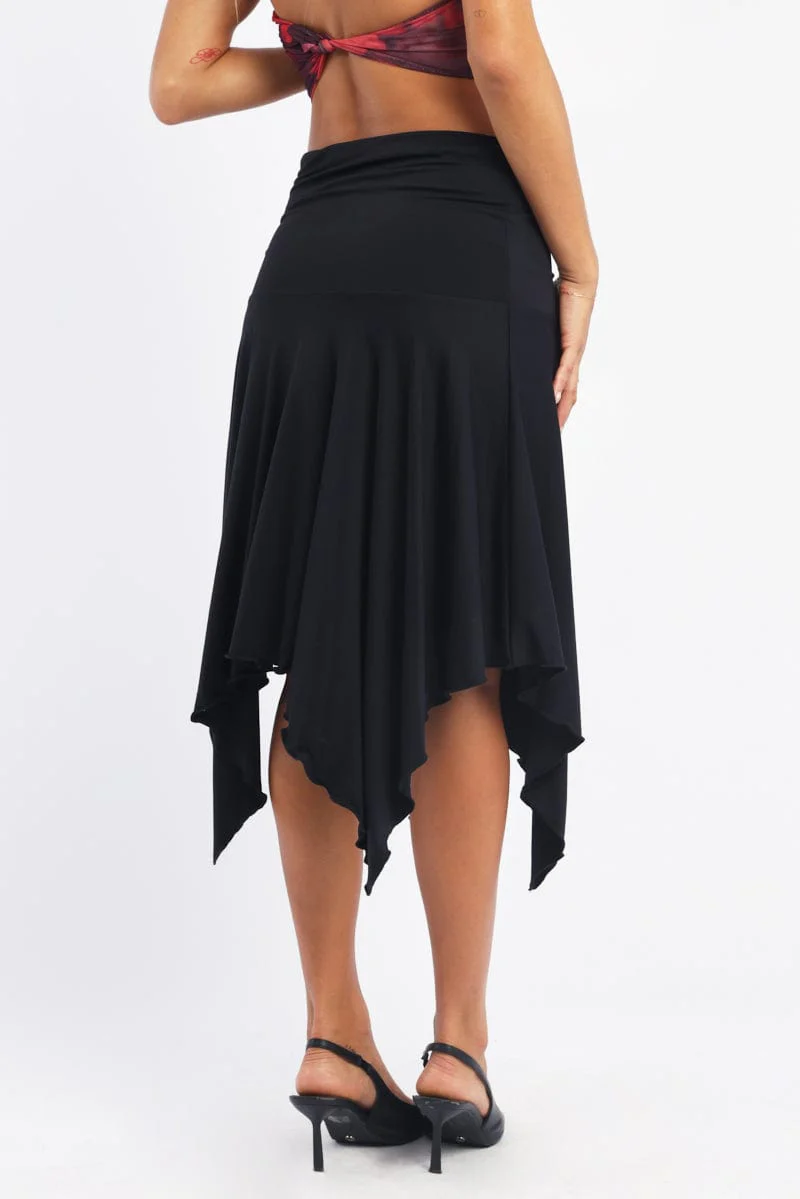 Black Scarf Hem Skirt High Rise Midi Asymm Supersoft
