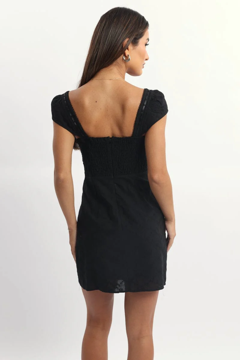 Black Mini Dress Ribbon Detail Eyelet Fabric