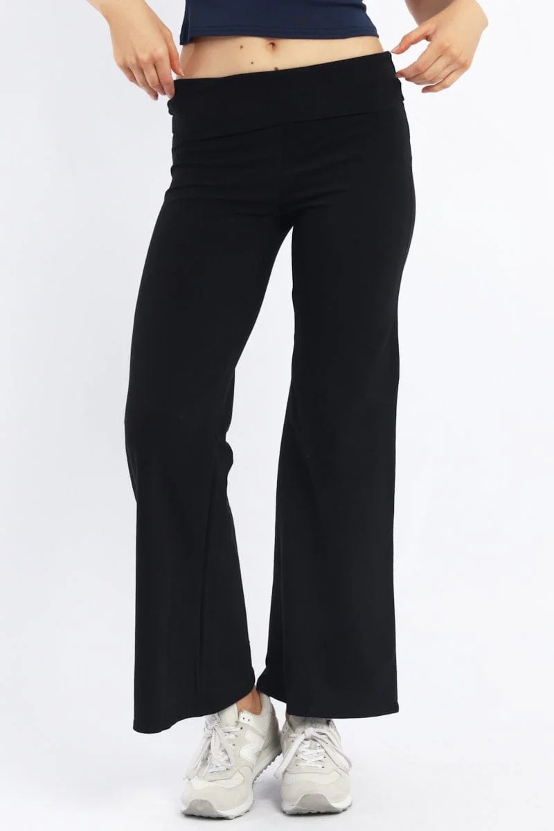Black Wide Leg Pants Folded Waist Jersey