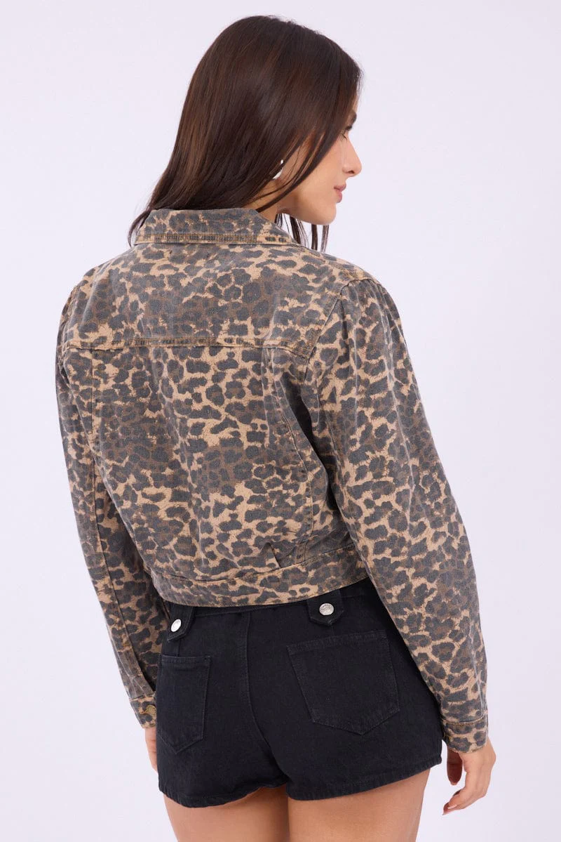 Brown Animal Print Cropped Jacket