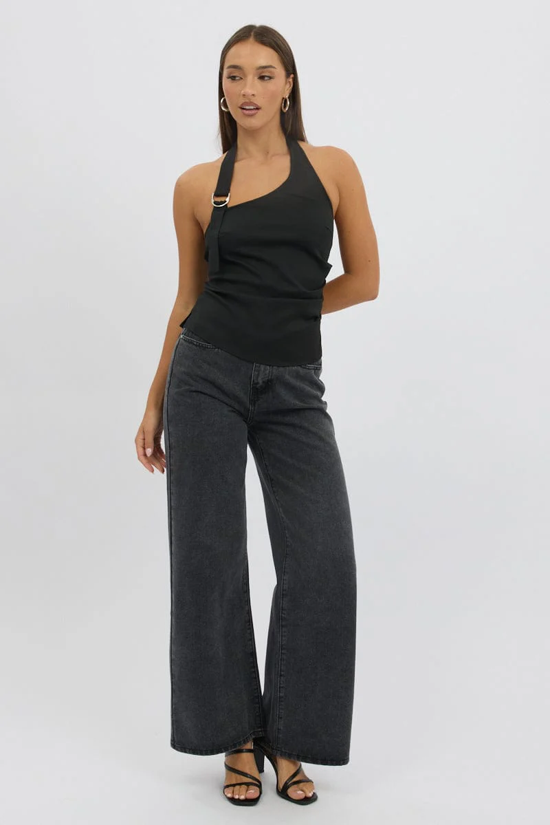 Black Gathered Asymmetric Top Sleeveless Buckle Detail