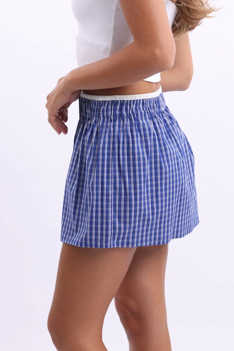 Blue Check Boxer Mini Skirt Mid Rise Relaxed Fit