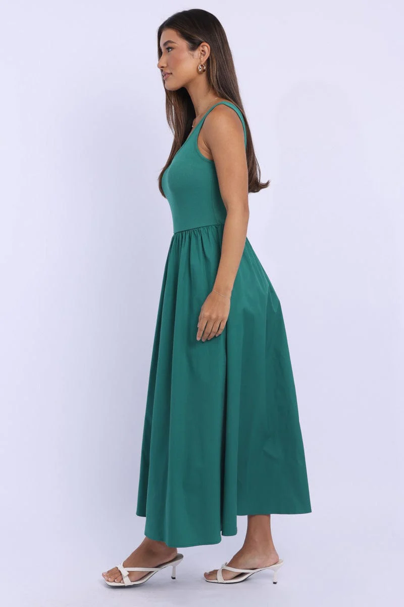 Green Midi Dress Ribbed Bodice