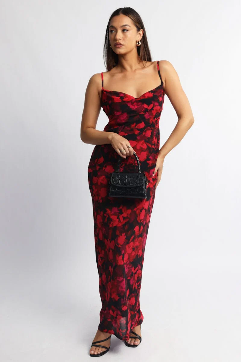 Red Floral Maxi Dress Cowl Neck
