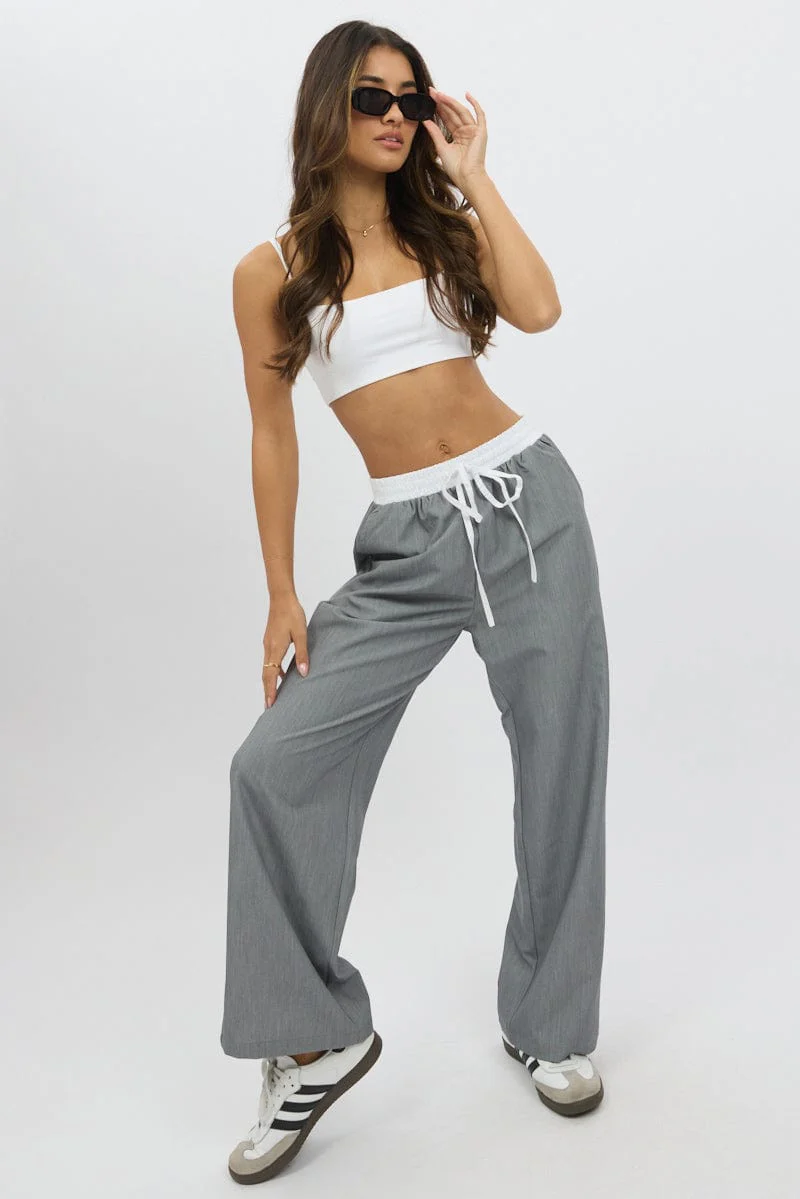Grey Wide Leg Pants Elasticated Contrast Waist