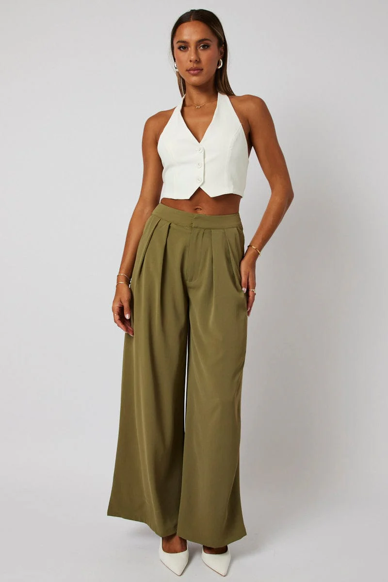 Green Wide Leg Pants High Rise