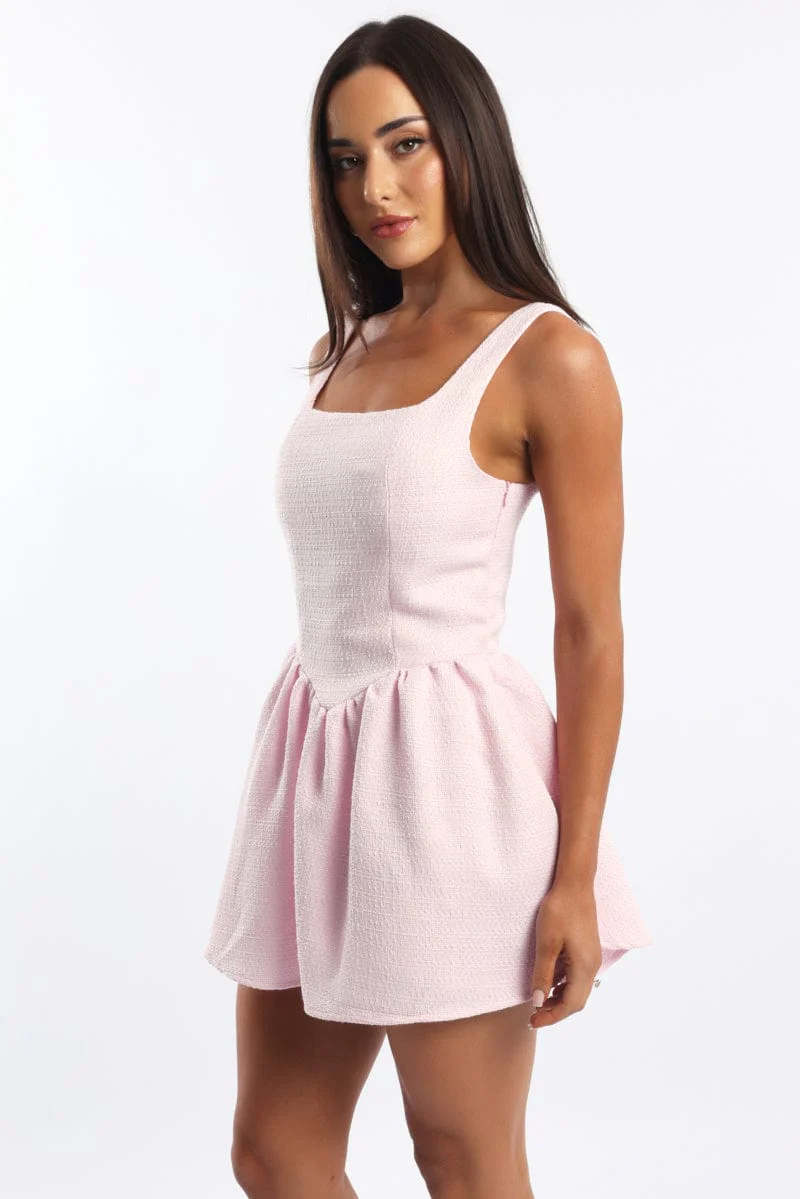 Pink Mini Dress Square Neck Tweed Fabric