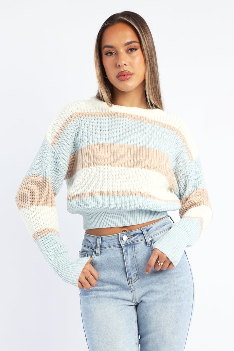 Beige Stripe Knit Top Long Sleeve Color Block