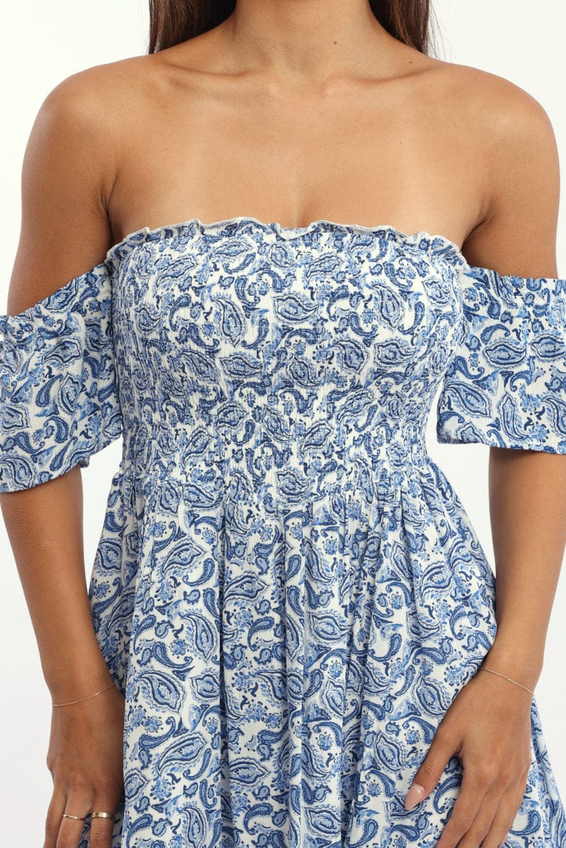 Blue Paisley Mini Dress Off Shoulder