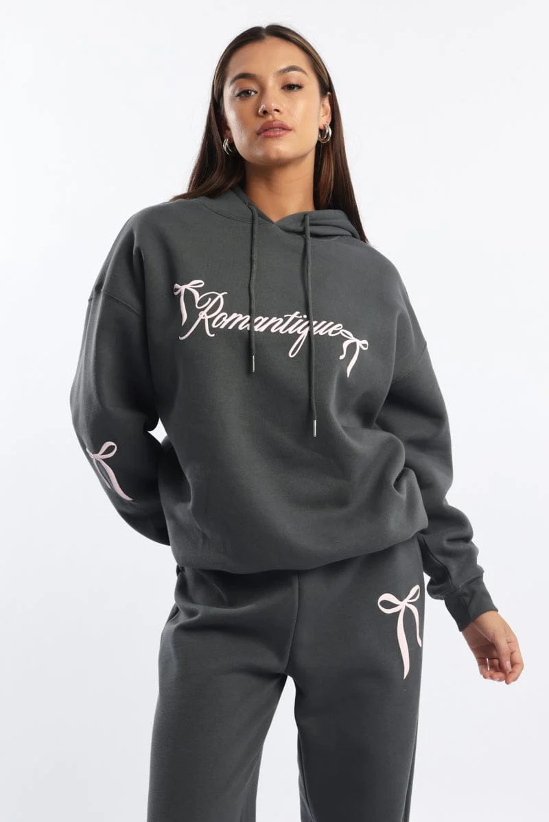 Grey Graphic Hoodie Sweater Long Sleeve