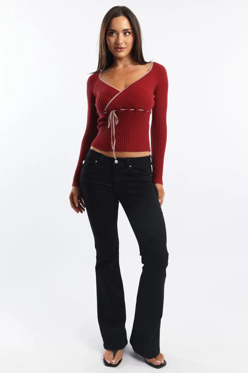 Red Knit Top Long Sleeve Wrap Front Contrast Ribbon