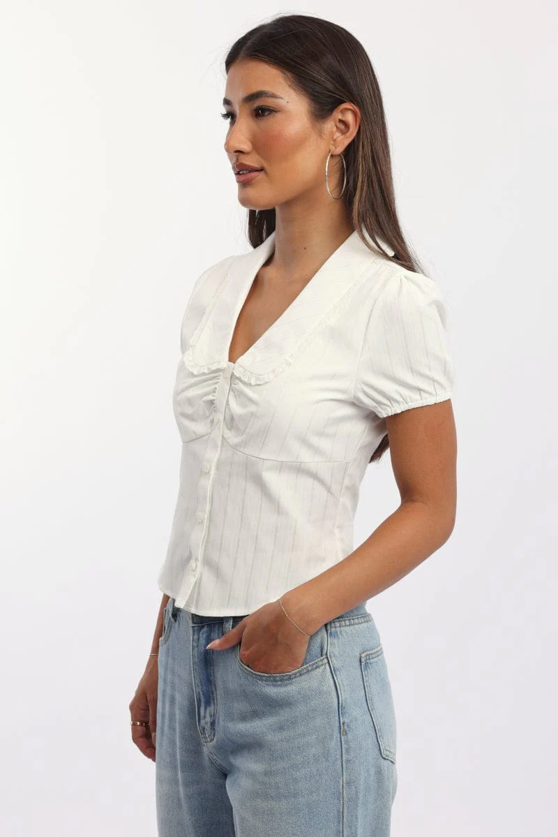 White Puff Sleeve Shirt Peter Pan Collar Button Up