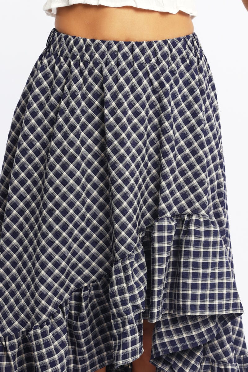 Blue Check Asymmetric Midi Skirt High Rise Elastic Waist