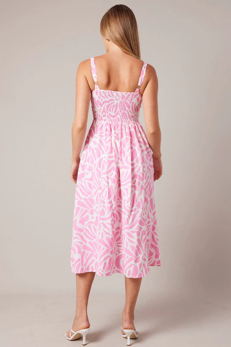 Pink Print Midi Dress Gathered Bust Midi