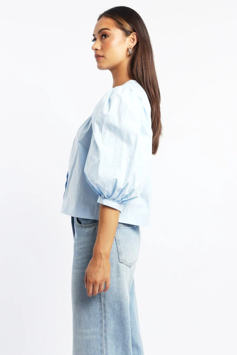 Blue Button Up Blouse Mid Sleeve Round Neck Lace Detail