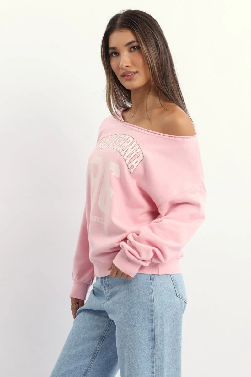 Pink Off Shoulder Sweater Long Sleeve