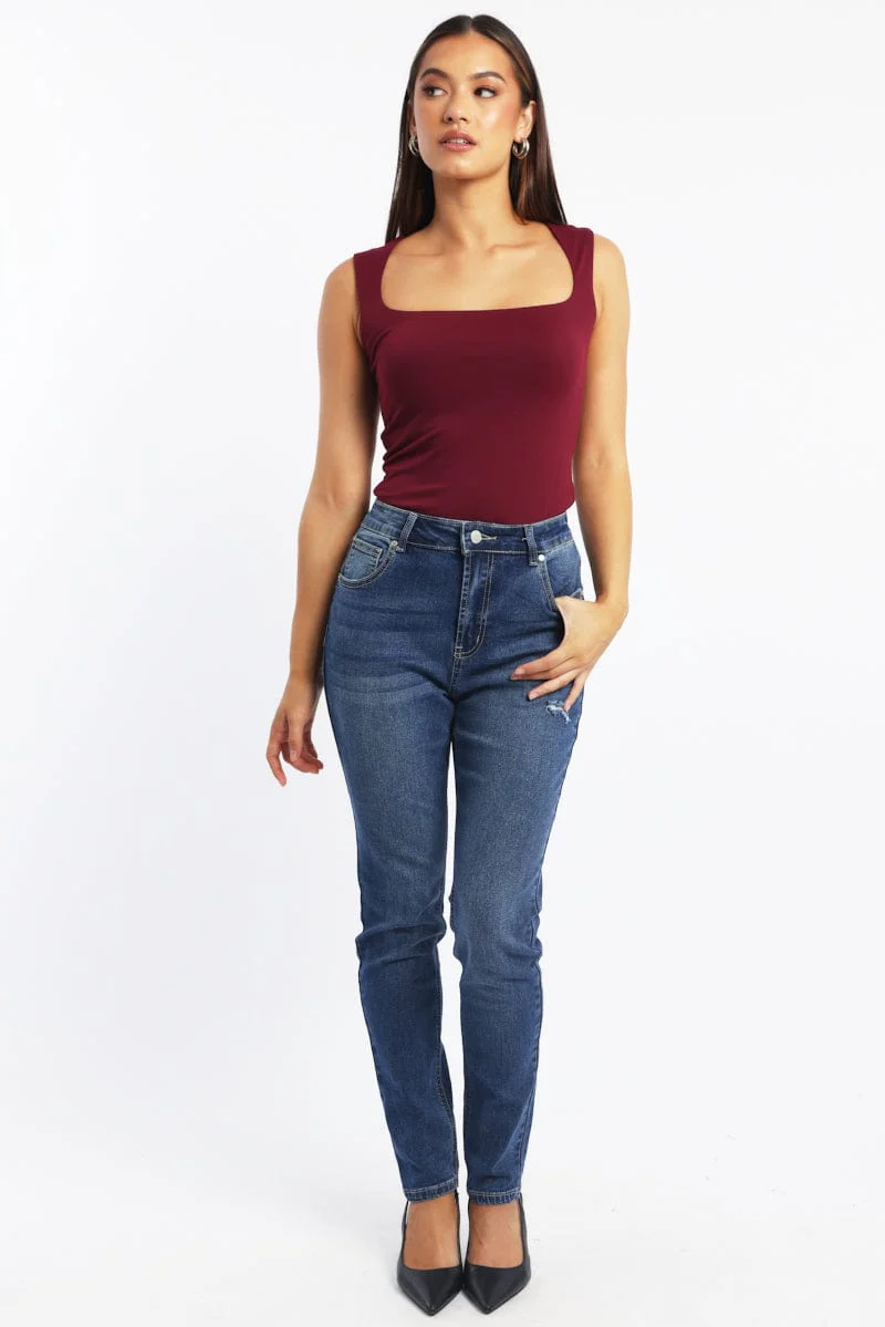 Red Supersoft Tank Top Square Neck Double Layered