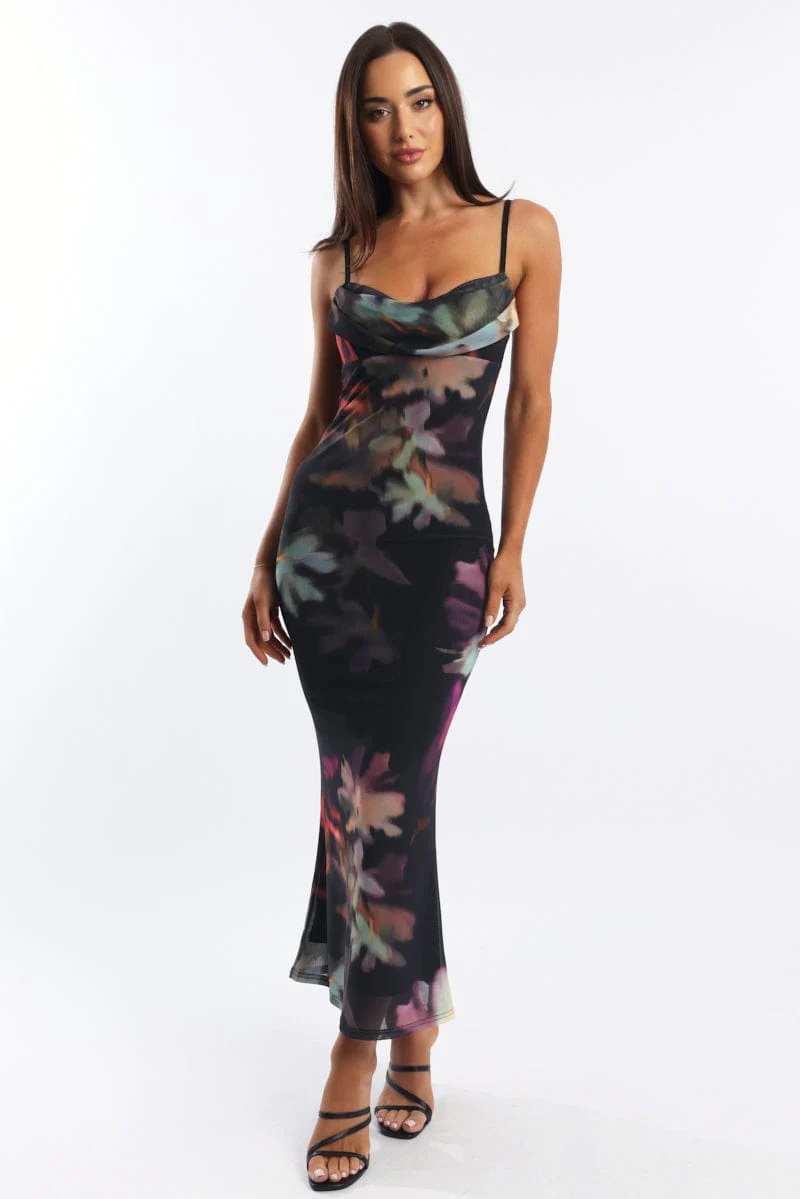 Black Floral Bodycon Dress Singlet Cowl Neck Maxi