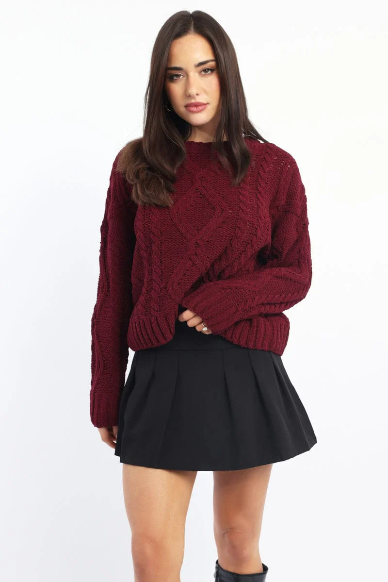 Red Cable Knit Long Sleeve Crew Neck