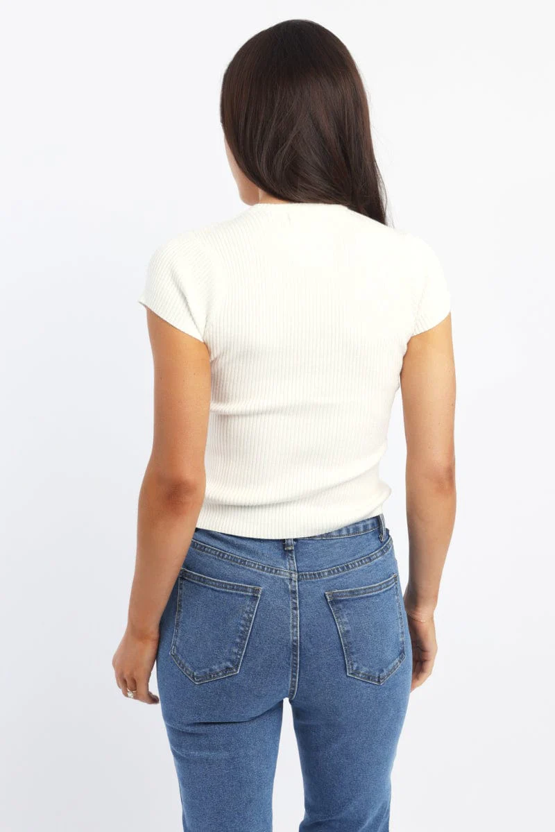 White Knit Top Short Sleeve Ribbed