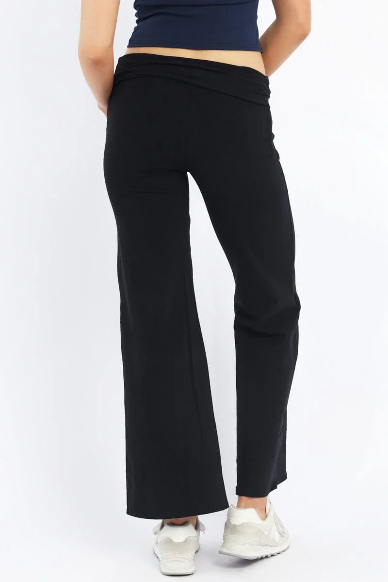 Black Wide Leg Pants Folded Waist Jersey