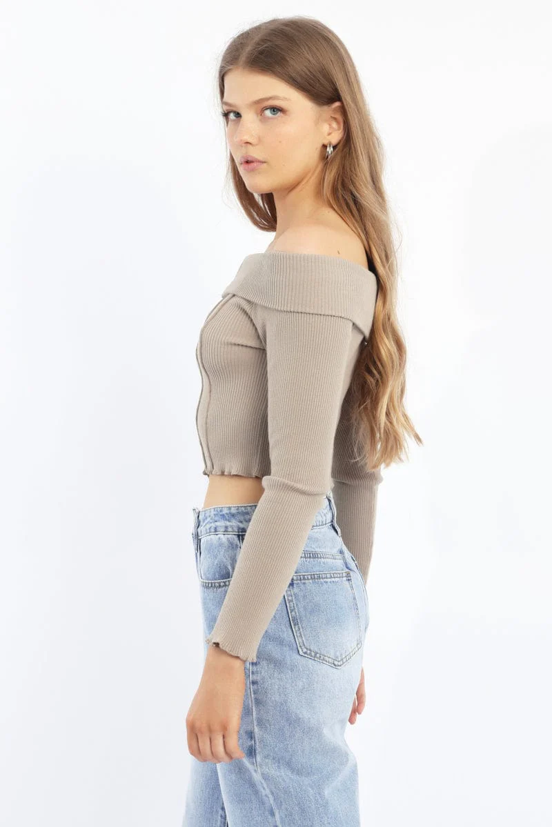 Green Knit Top Long Sleeve Off Shoulder Zip Front