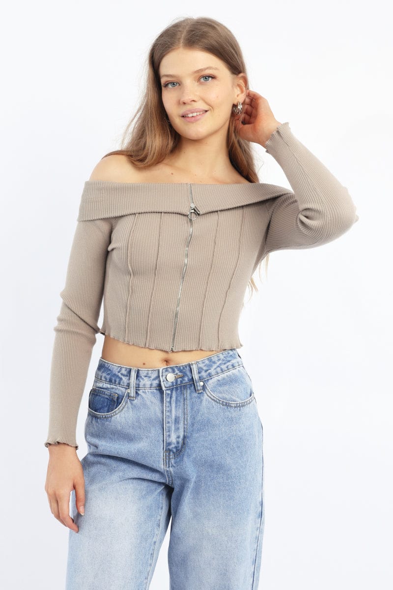Green Knit Top Long Sleeve Off Shoulder Zip Front