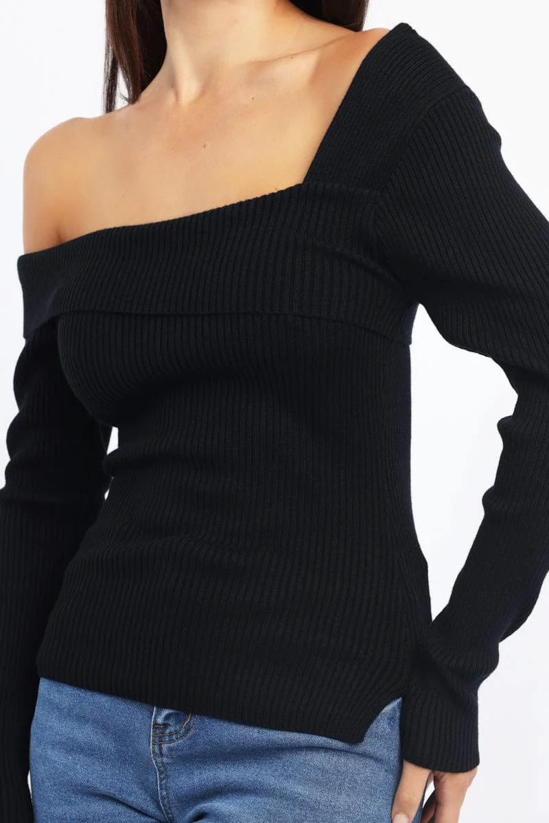 Black One Shoulder Knit Top Long Sleeve
