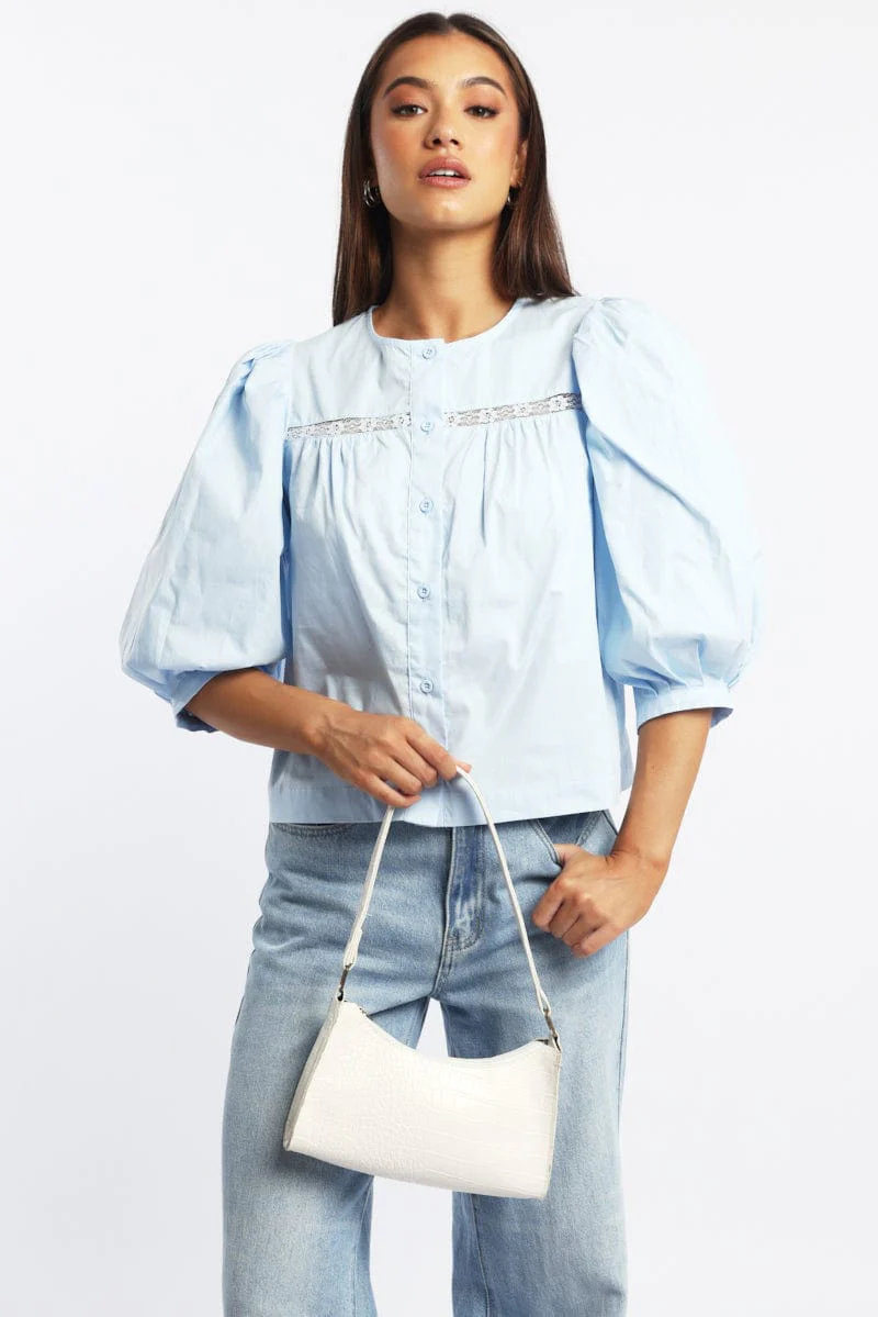 Blue Button Up Blouse Mid Sleeve Round Neck Lace Detail