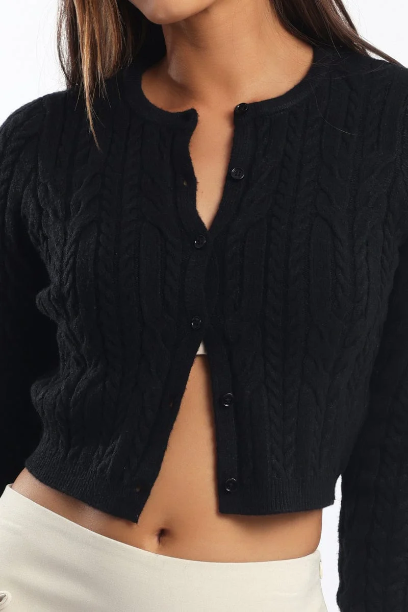 Black Knit Cardigan Long Sleeve Crew Neck