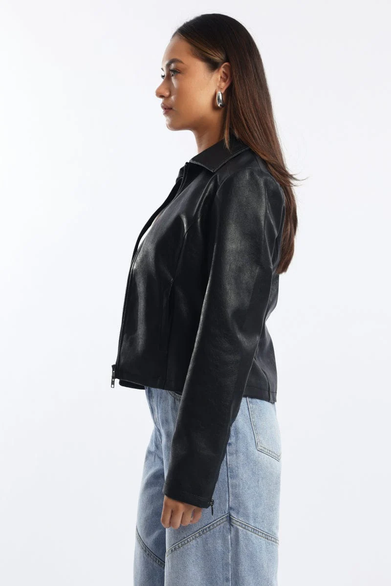 Black Faux Leather Jacket Long Sleeve