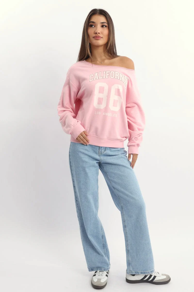 Pink Off Shoulder Sweater Long Sleeve