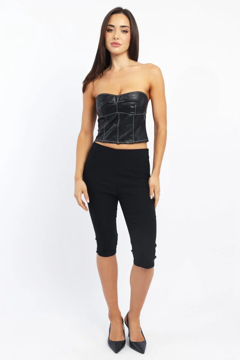 Black PU Corset Bandeau Sleeveless Sweetheart Neckline