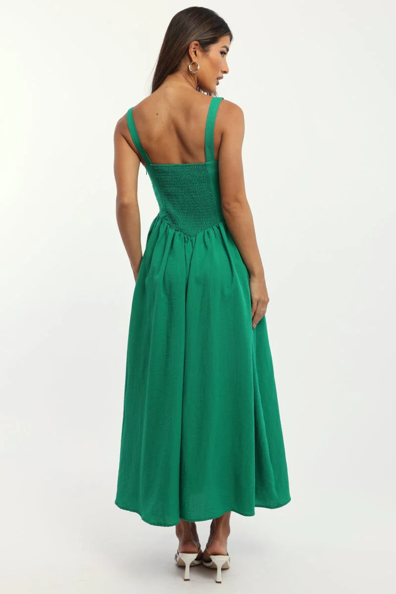 Green Midi Dress Gathered Bust