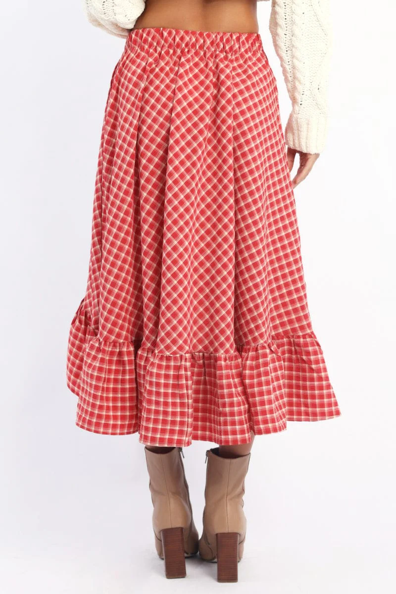 Red Check Asymmetric Midi Skirt Elastic Waist Frill Hem