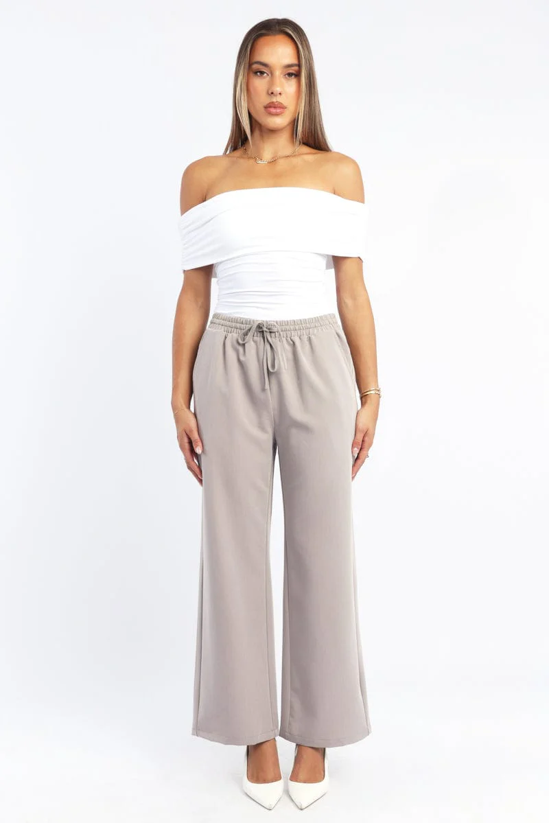 Beige Wide Leg Pants Elasticated Waist