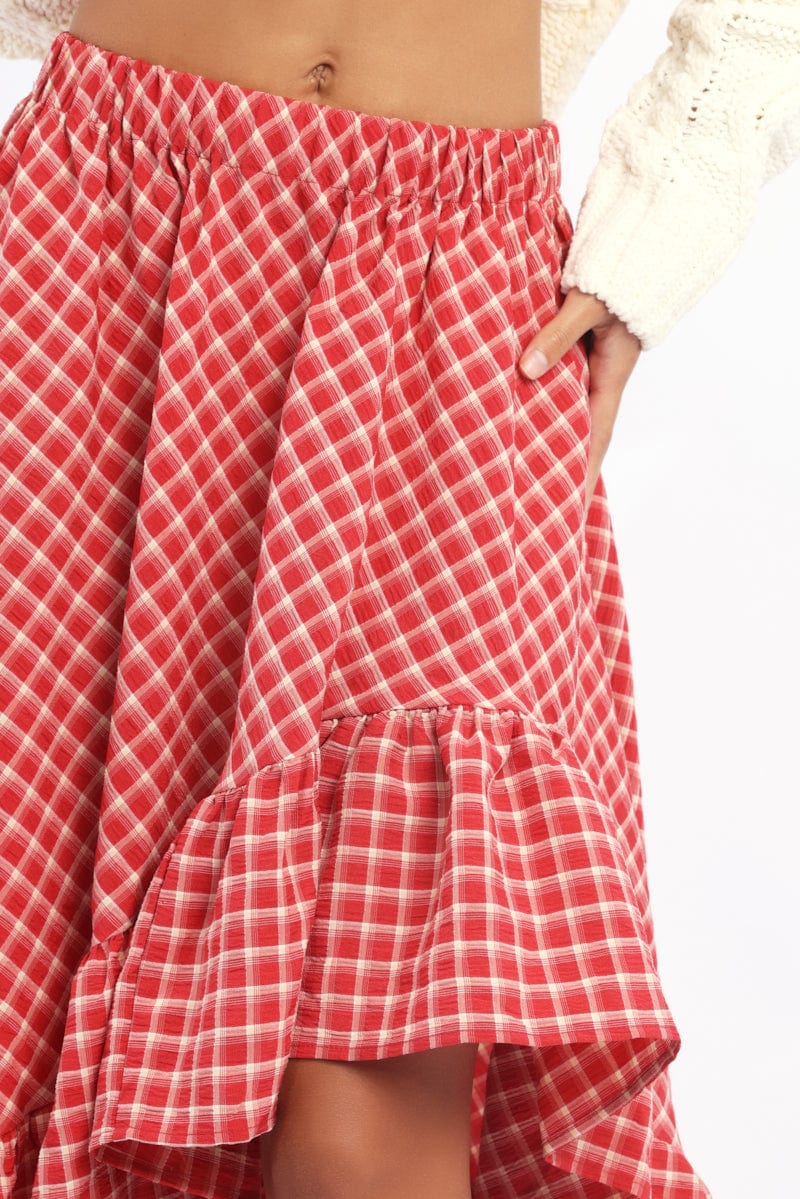 Red Check Asymmetric Midi Skirt Elastic Waist Frill Hem