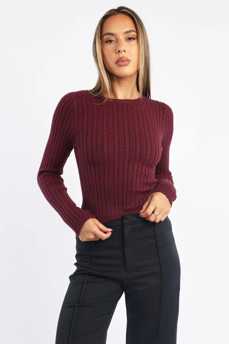 Red Cable Knit Top Long Sleeve