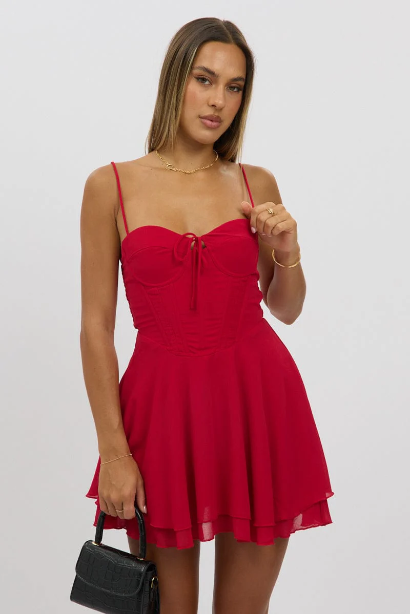 Red Fit And Flare Dress Strapless Corset Waist