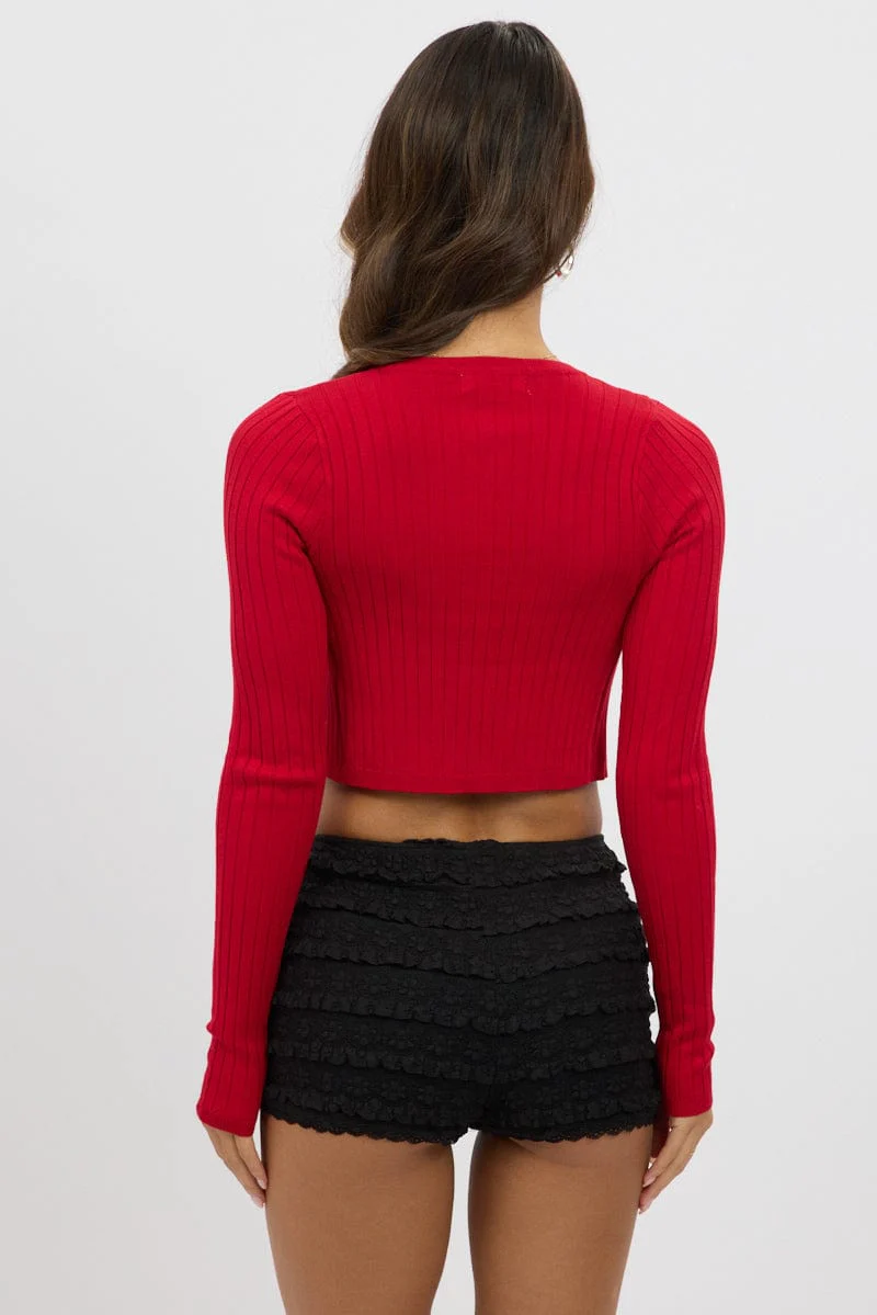 Red Knit Cardigan Long Sleeve Cropped