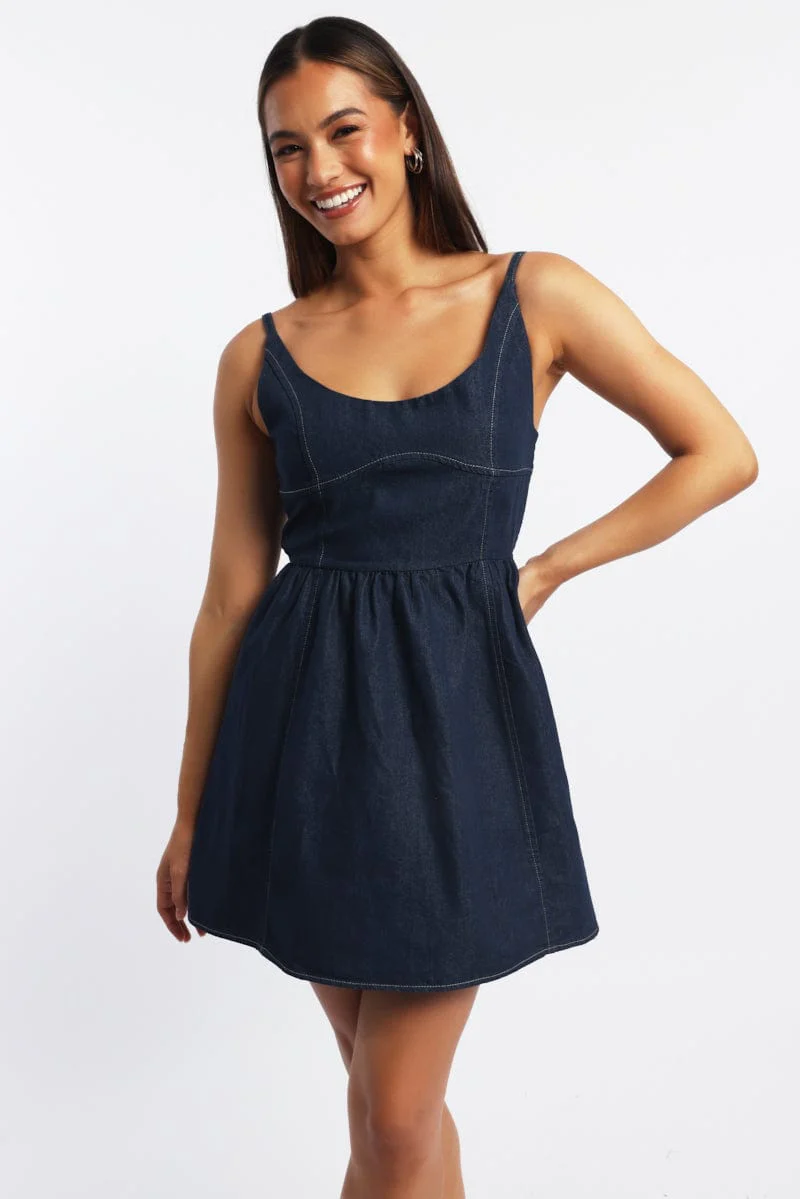 Blue Fit And Flare Dress Mini