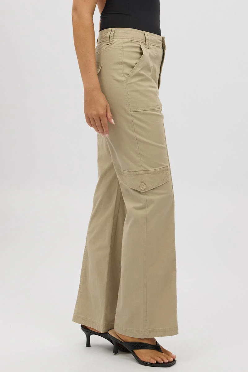 Beige Cargo Pants Mid Rise