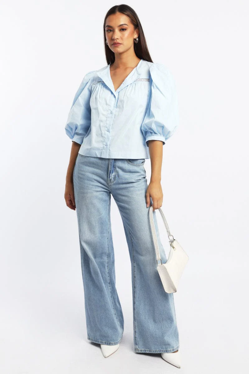 Blue Button Up Blouse Mid Sleeve Round Neck Lace Detail