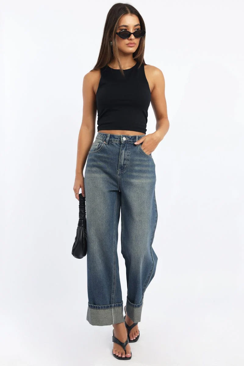 Denim Straight Jeans Fold Up