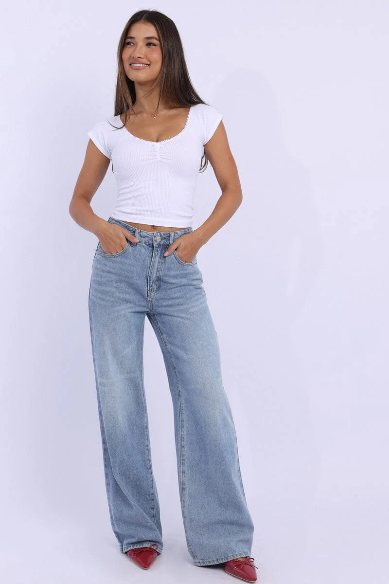 White Seamless Top Short Sleeve Picot Trim Rib