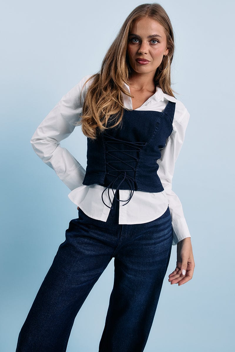 Denim Denim Corset Sleeveless Sweetheart Neck Lace Up