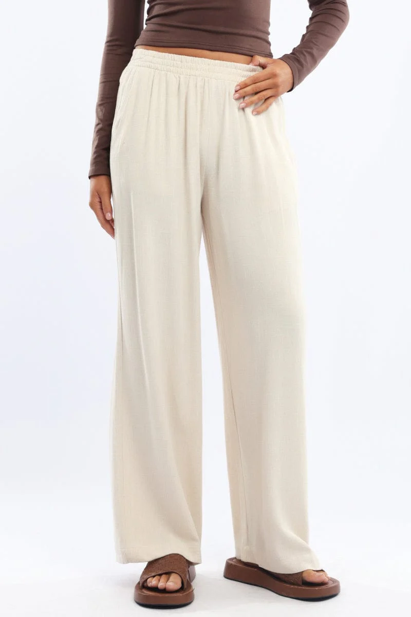 Beige Wide Leg Pants Elasticated Waist