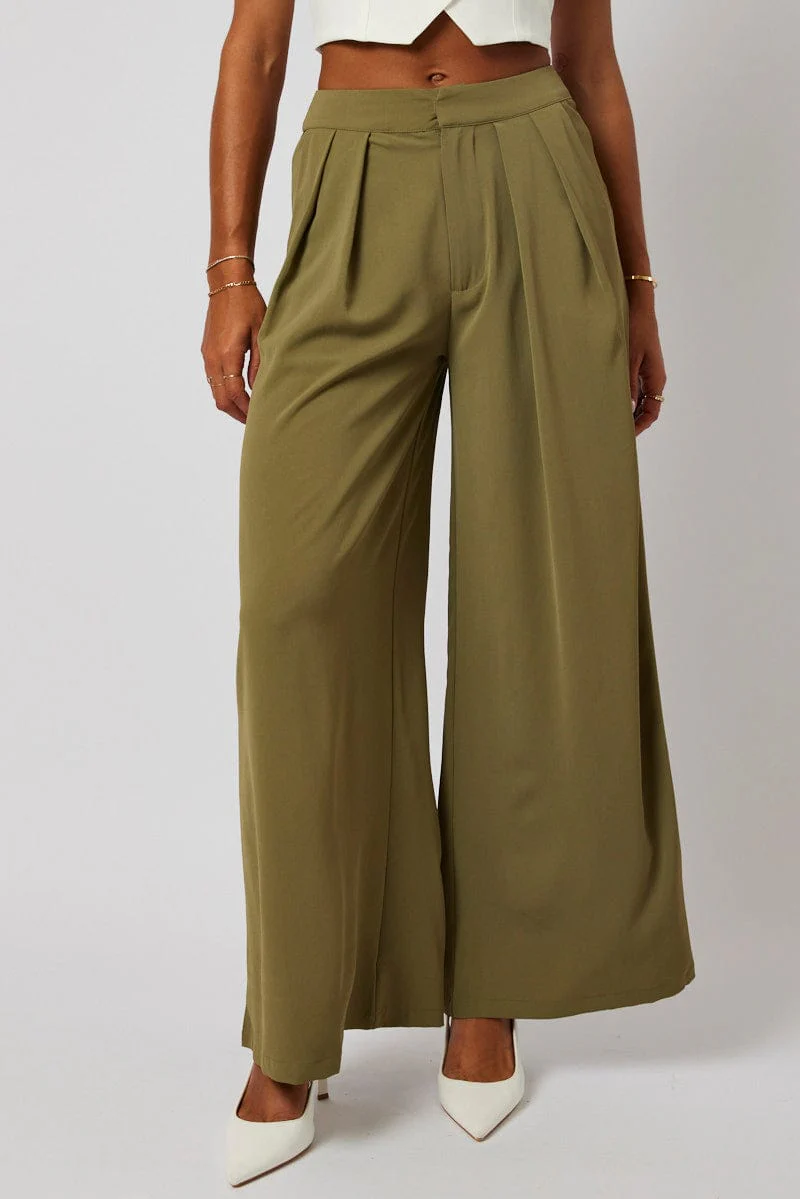 Green Wide Leg Pants High Rise
