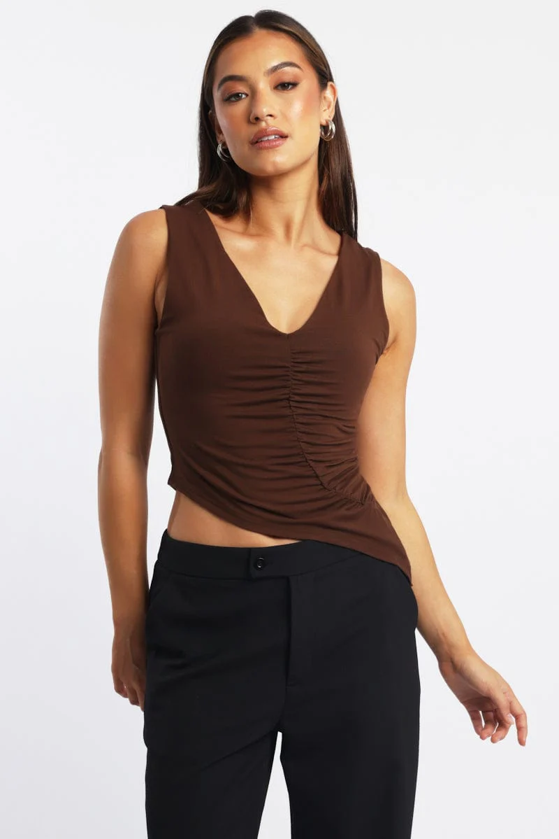 Brown Sleeveless Top Asymmetric Hem