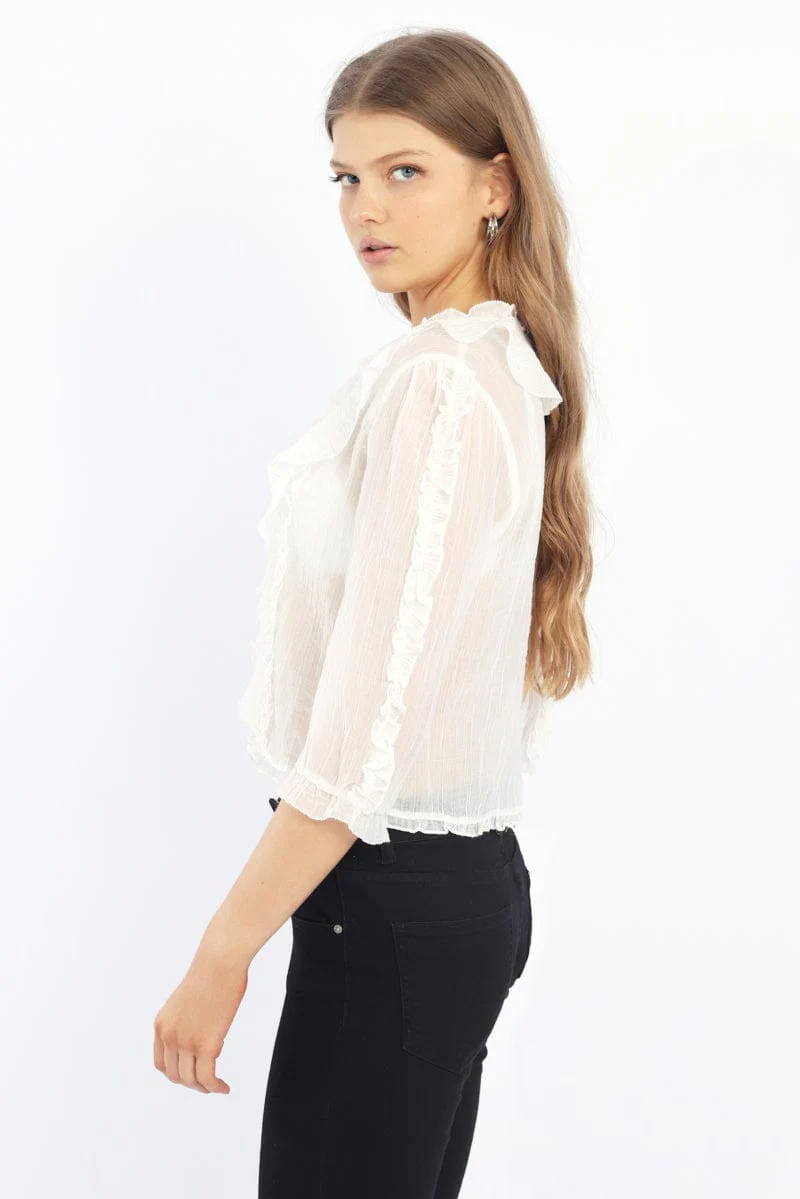 White Ruffled Top Mid Sleeve V-neck Poet's Blouse